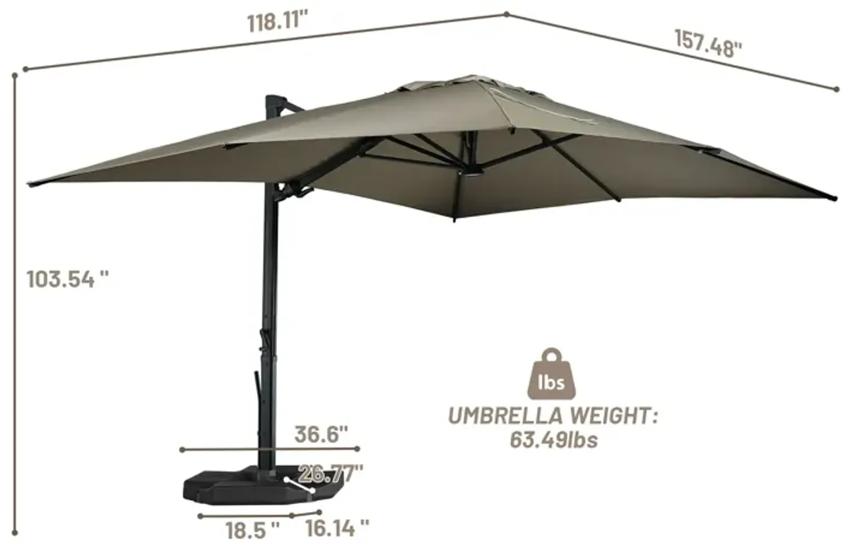 10x13 ft. 360 Rotation Cantilever Umbrella with BaseandLED Light in Taupe