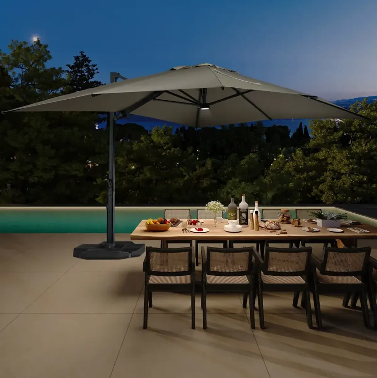 10x13 ft. 360 Rotation Cantilever Umbrella with BaseandLED Light in Taupe