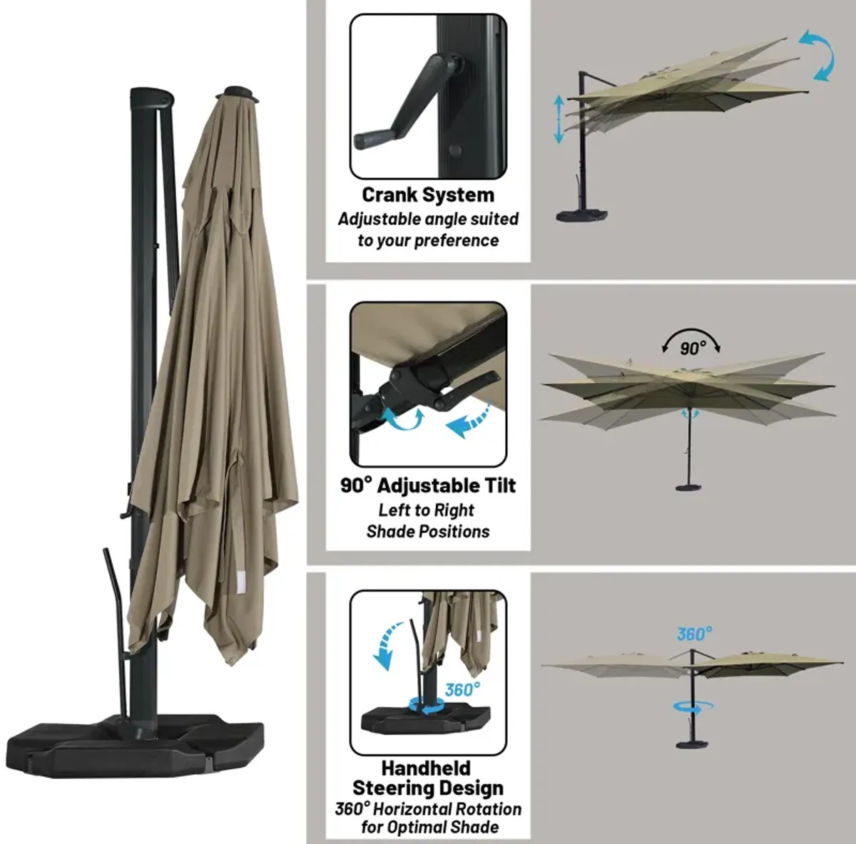 10x13 ft. 360 Rotation Cantilever Umbrella with BaseandLED Light in Taupe