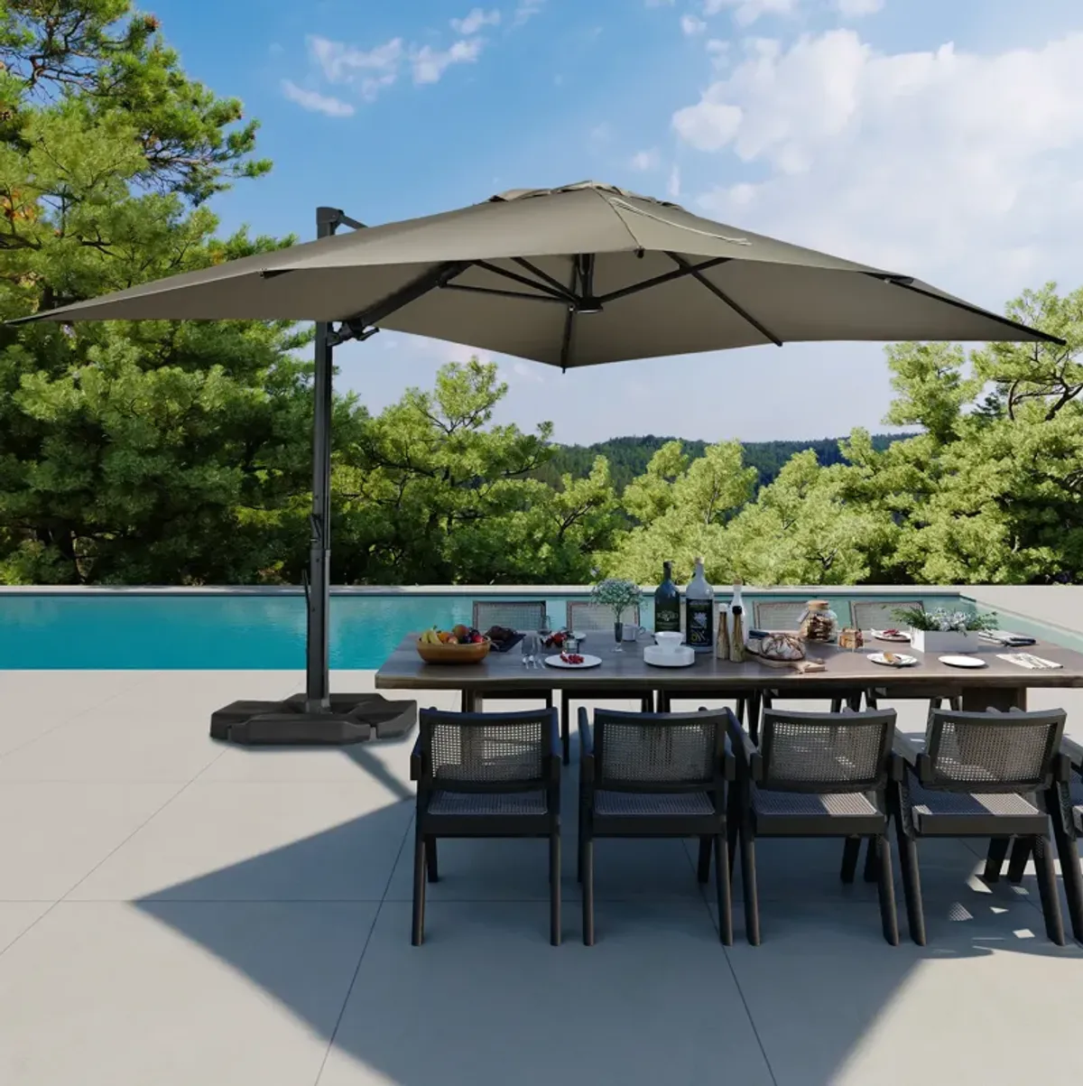 10x13 ft. 360 Rotation Cantilever Umbrella with BaseandLED Light in Taupe