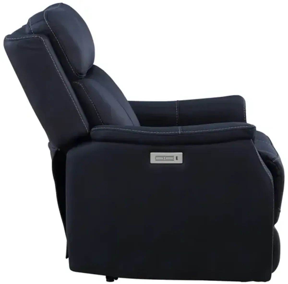 Clean Contemporary Dual-Power Recliner - Ocean Blue Leatherette, Power Footrest, Power Headrest - Easy-Care and Convenience