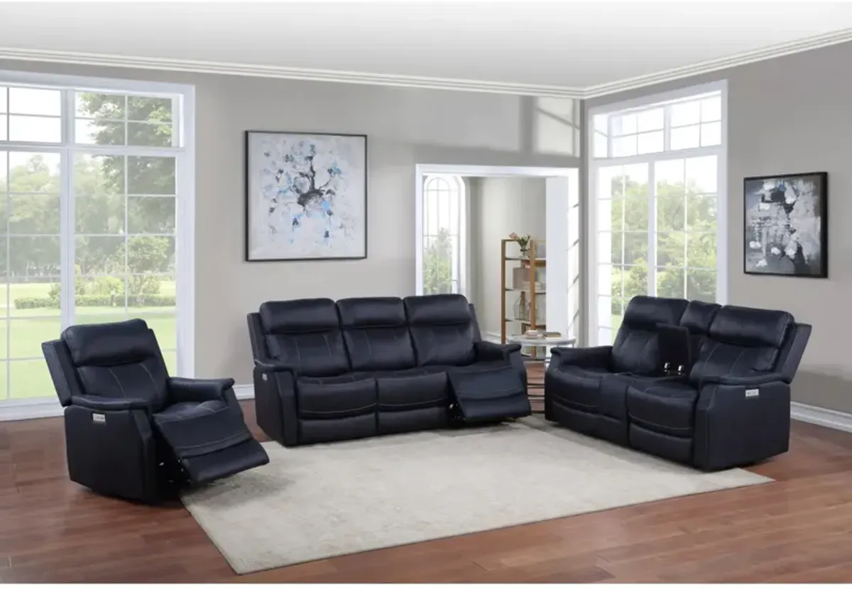 Clean Contemporary Dual-Power Recliner - Ocean Blue Leatherette, Power Footrest, Power Headrest - Easy-Care and Convenience