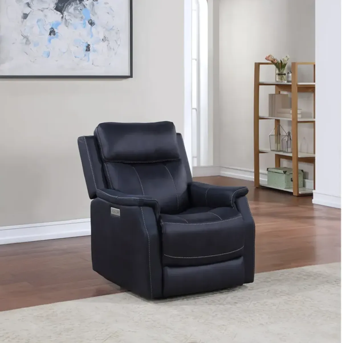 Clean Contemporary Dual-Power Recliner - Ocean Blue Leatherette, Power Footrest, Power Headrest - Easy-Care and Convenience