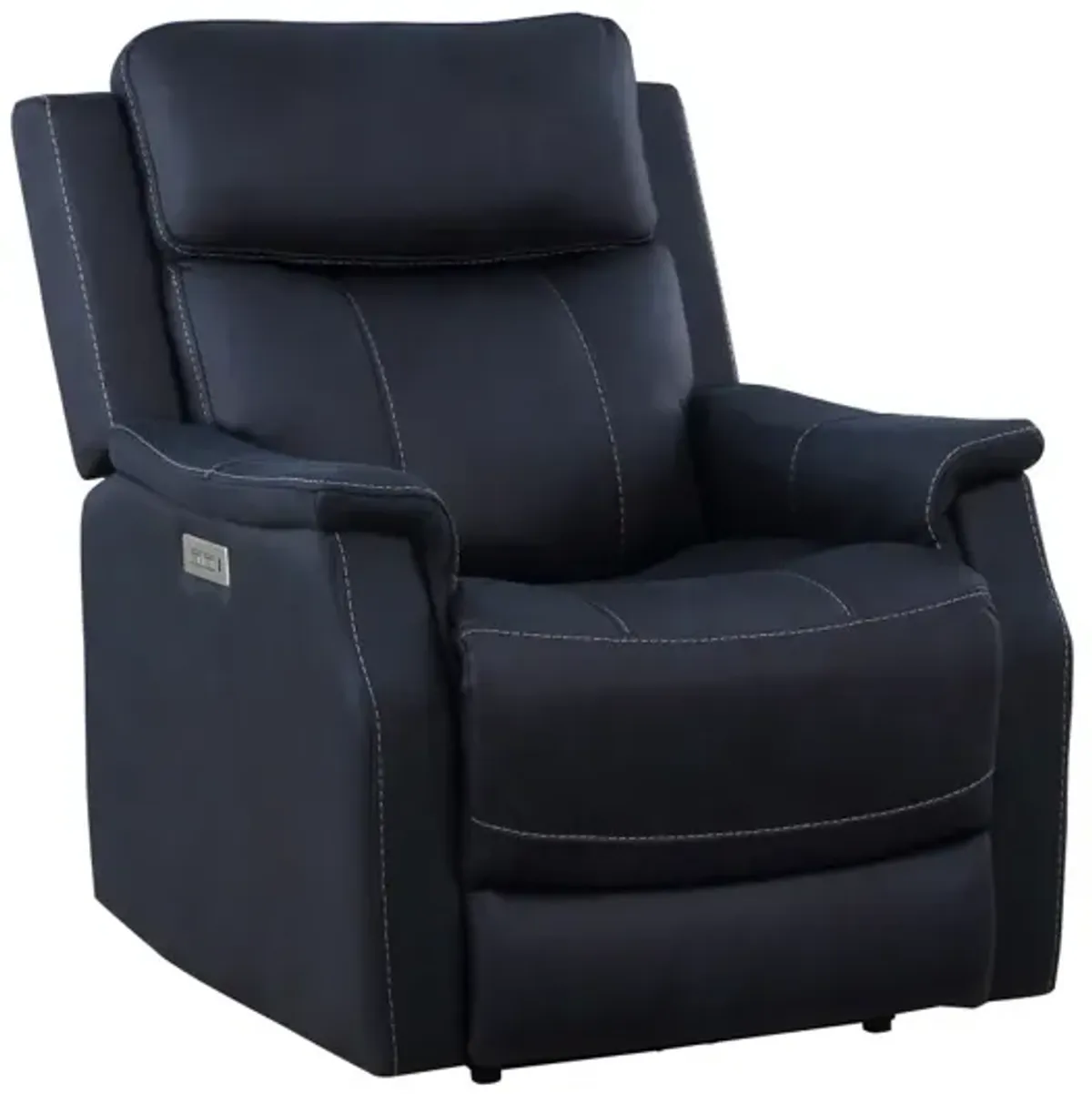 Clean Contemporary Dual-Power Recliner - Ocean Blue Leatherette, Power Footrest, Power Headrest - Easy-Care and Convenience