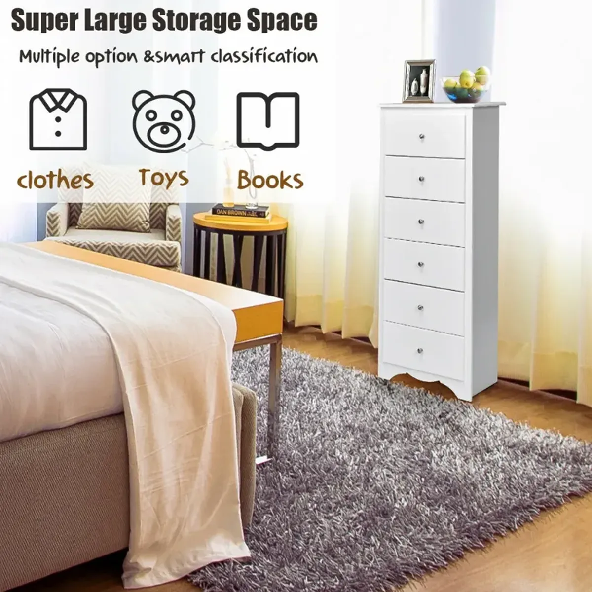 6 Drawers Chest Dresser Clothes Storage Bedroom Furniture Cabinet-White