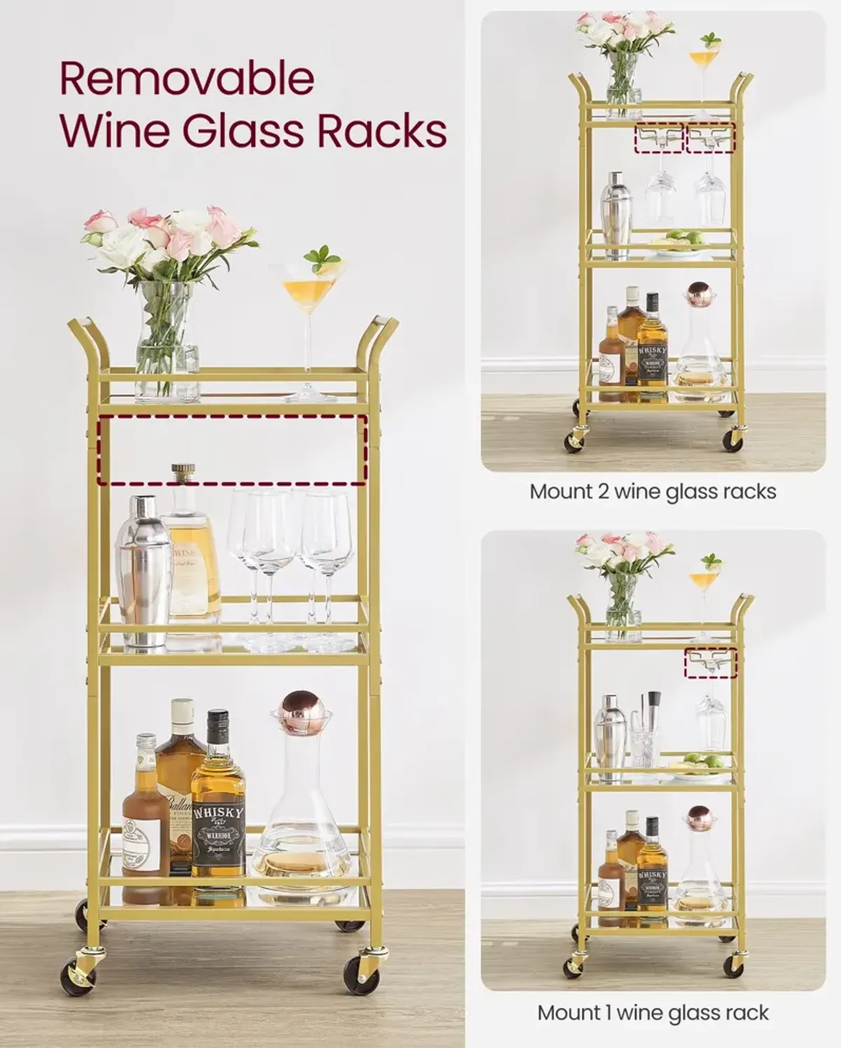 Small Bar Cart with 3-Tier Mirrored Shelves – Elegant Mobile Drink Station for Entertaining