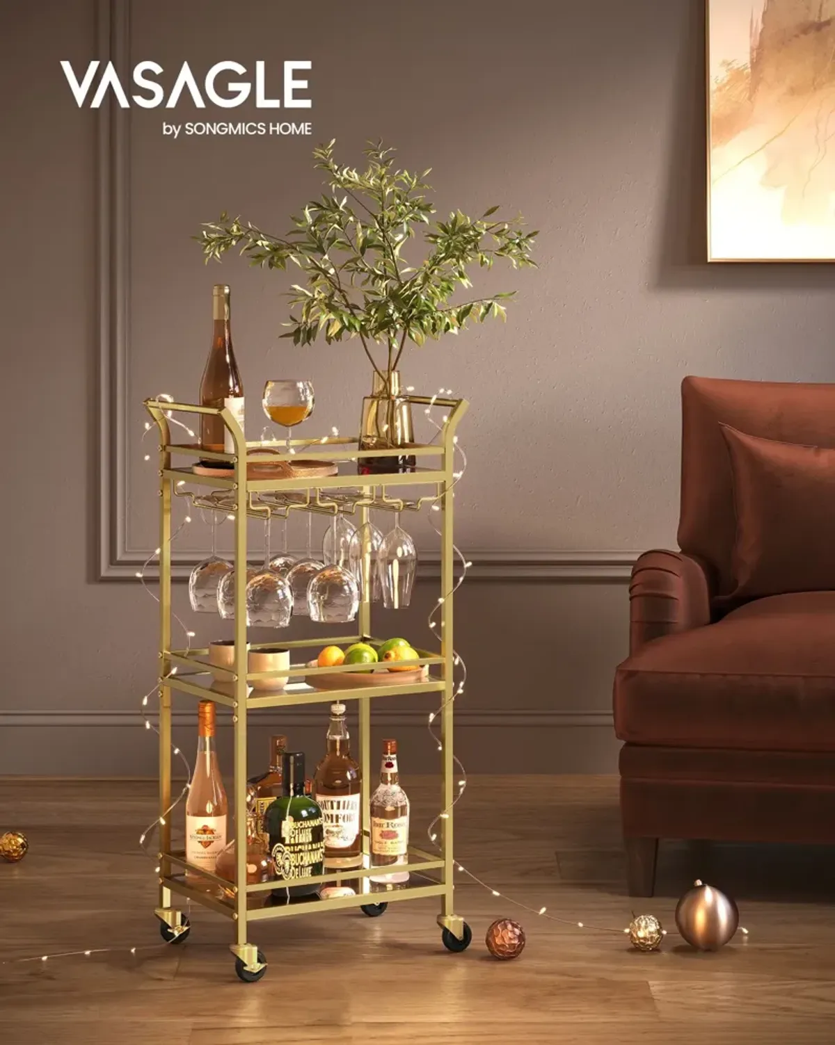 Small Bar Cart with 3-Tier Mirrored Shelves – Elegant Mobile Drink Station for Entertaining