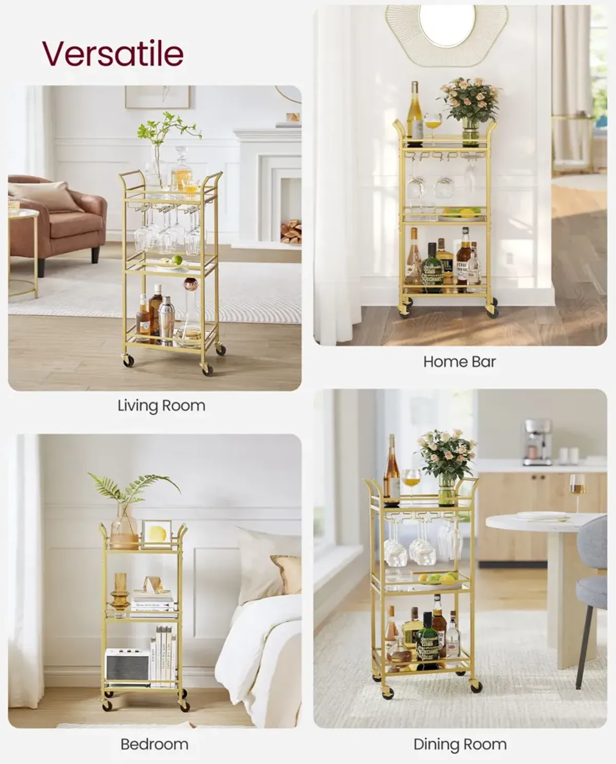 Small Bar Cart with 3-Tier Mirrored Shelves – Elegant Mobile Drink Station for Entertaining