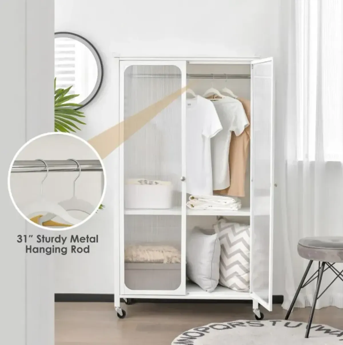 Hivvago Rolling Storage Armoire Closet with Hanging Rod and Adjustable Shelf