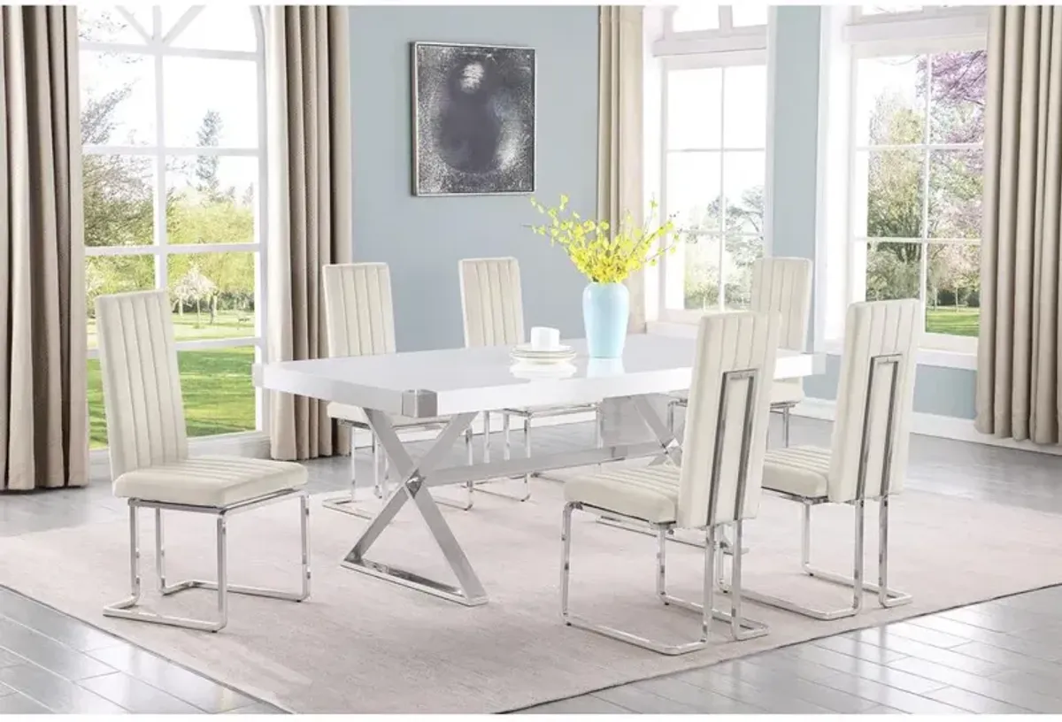 Best Quality Furniture 7pc Small(78) white wood top dining set with silver base and 6 chairs
