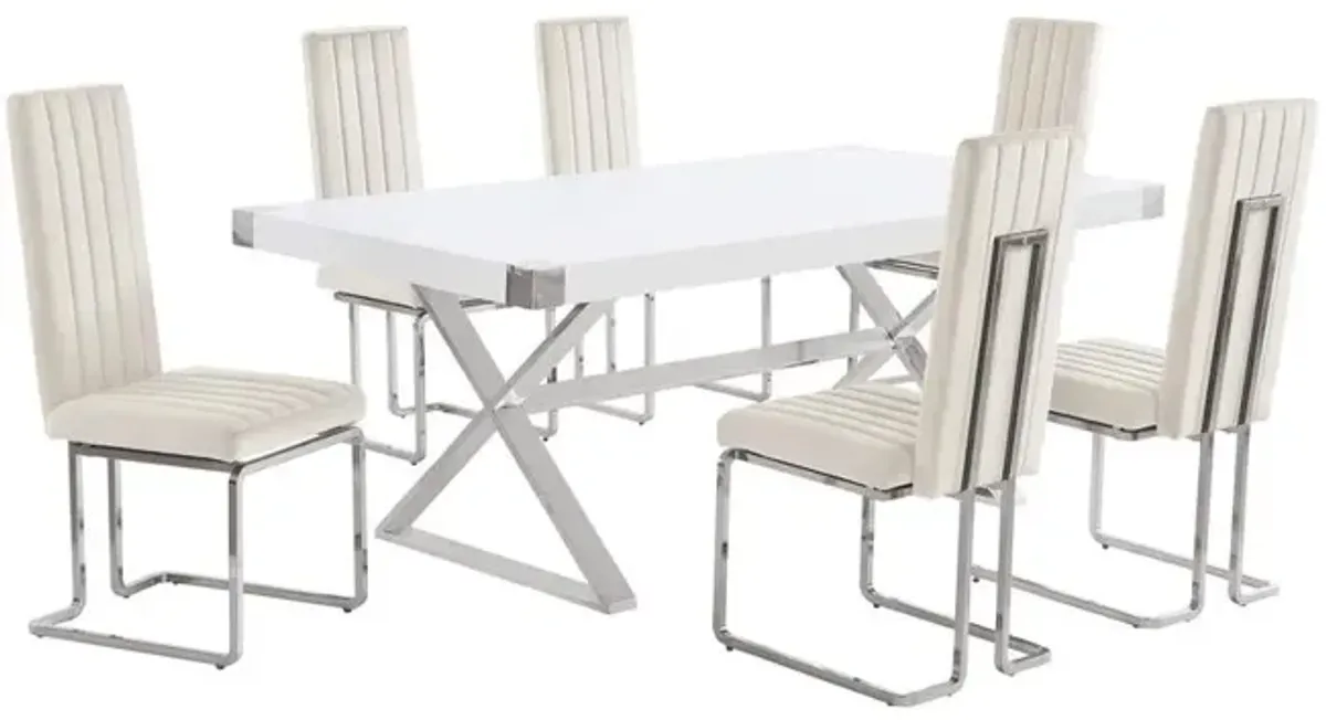 Best Quality Furniture 7pc Small(78) white wood top dining set with silver base and 6 chairs