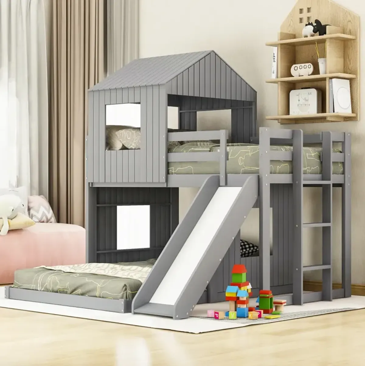 Wooden Twin Over Full Bunk Bed, Loft Bed With Playhouse, Farmhouse, Ladder, Slide And Guardrail