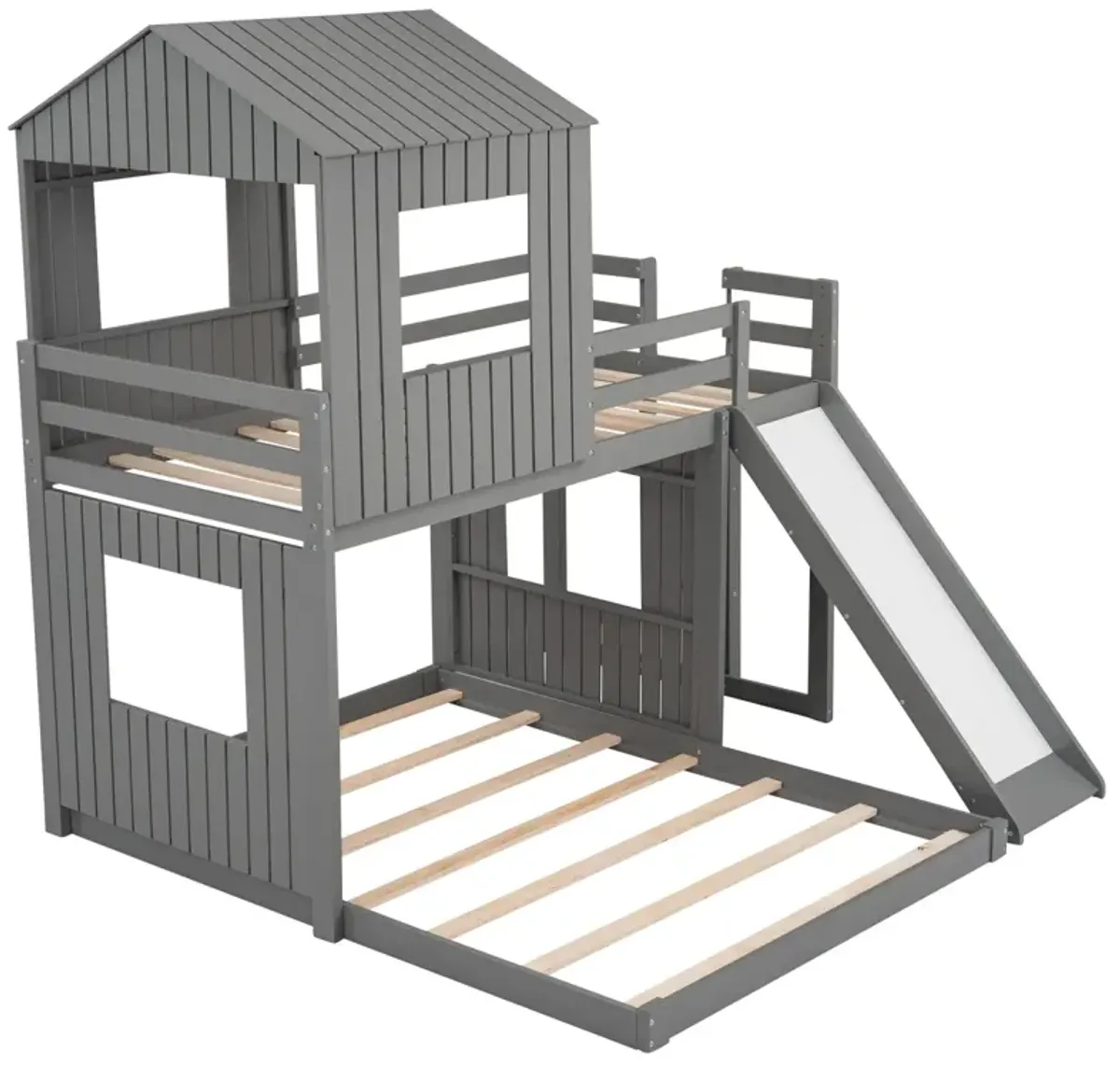 Wooden Twin Over Full Bunk Bed, Loft Bed With Playhouse, Farmhouse, Ladder, Slide And Guardrail