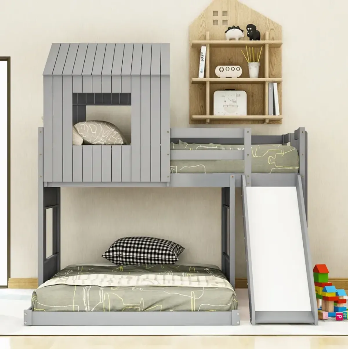 Wooden Twin Over Full Bunk Bed, Loft Bed With Playhouse, Farmhouse, Ladder, Slide And Guardrail