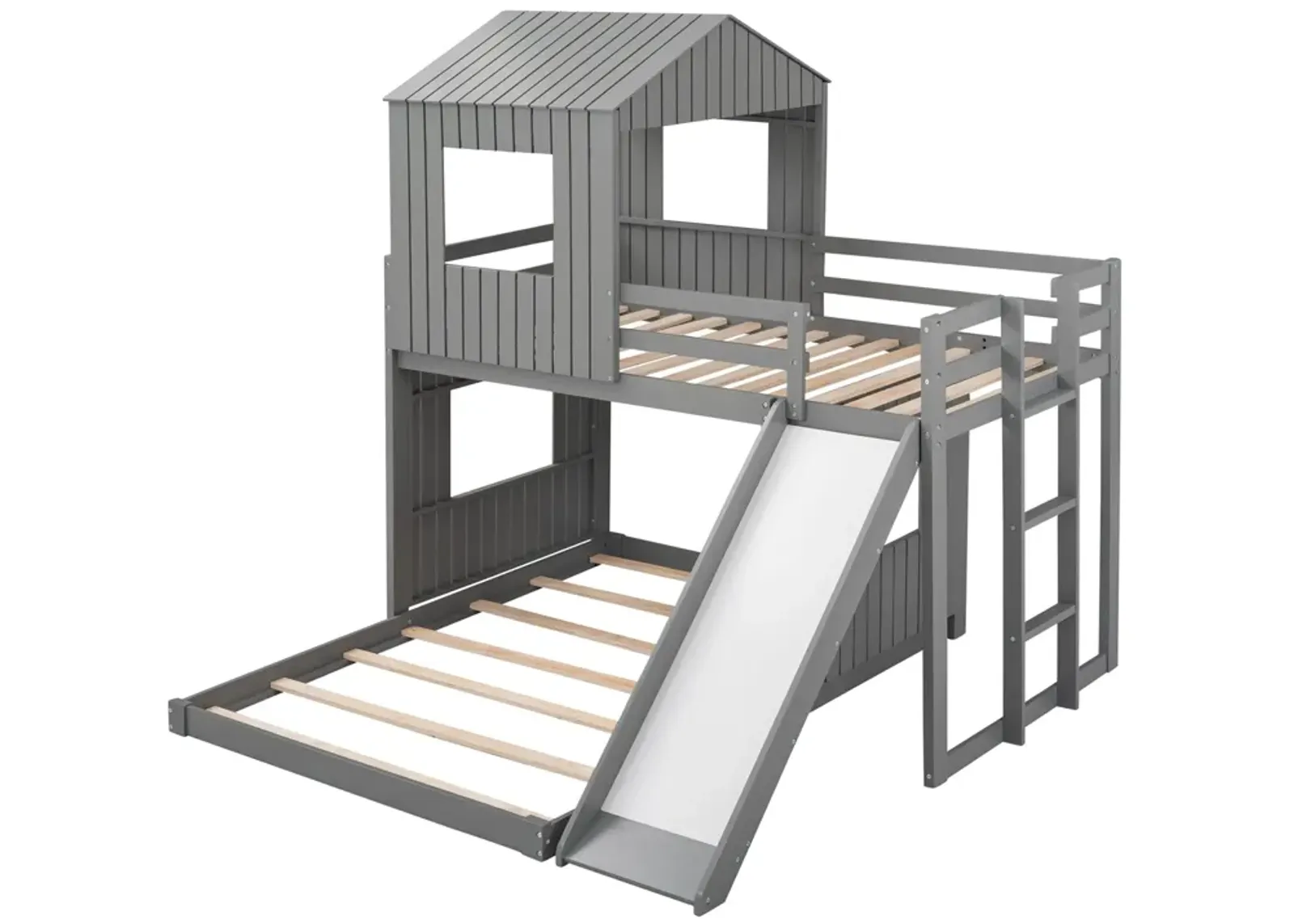 Wooden Twin Over Full Bunk Bed, Loft Bed With Playhouse, Farmhouse, Ladder, Slide And Guardrail