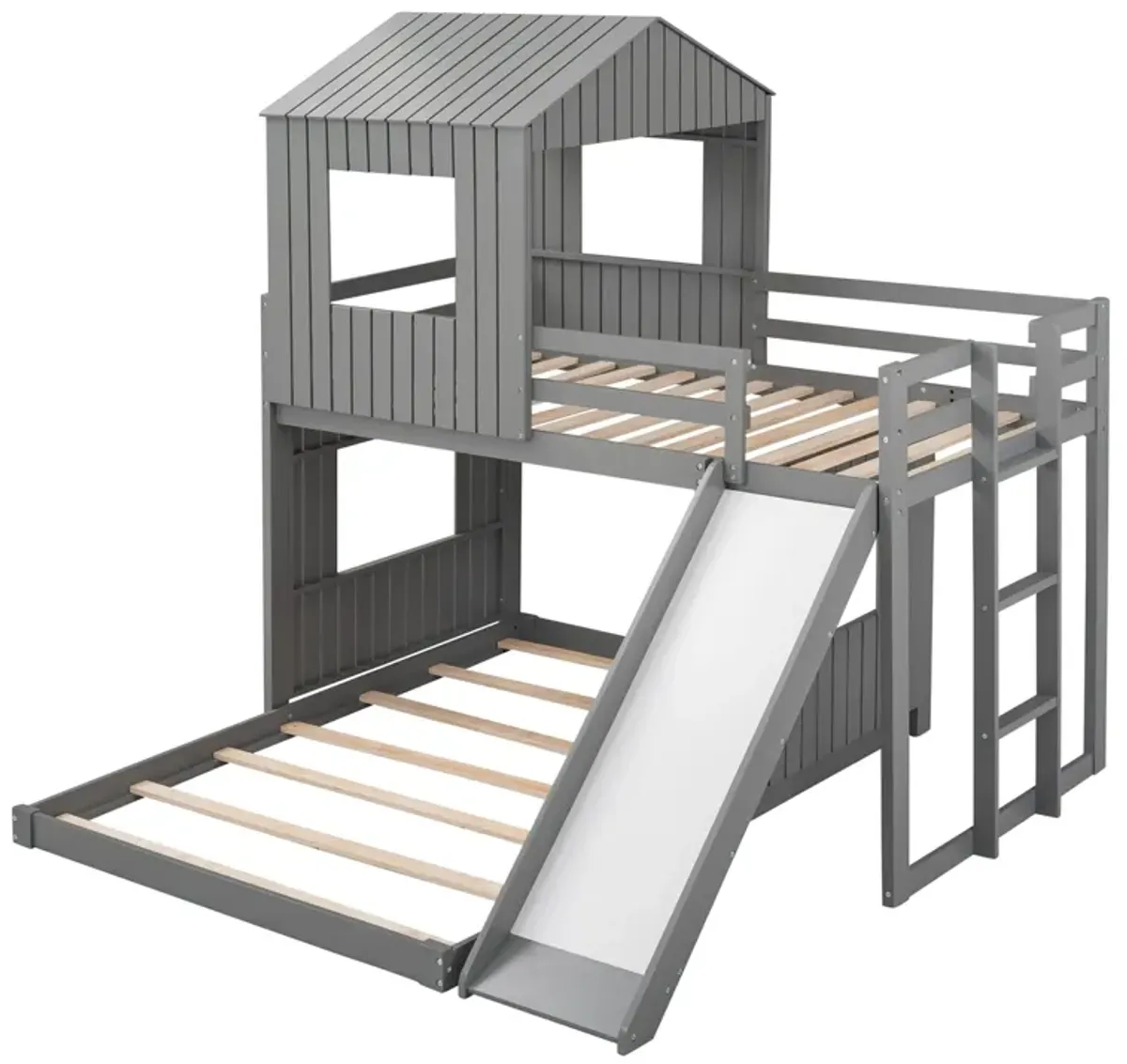 Wooden Twin Over Full Bunk Bed, Loft Bed With Playhouse, Farmhouse, Ladder, Slide And Guardrail