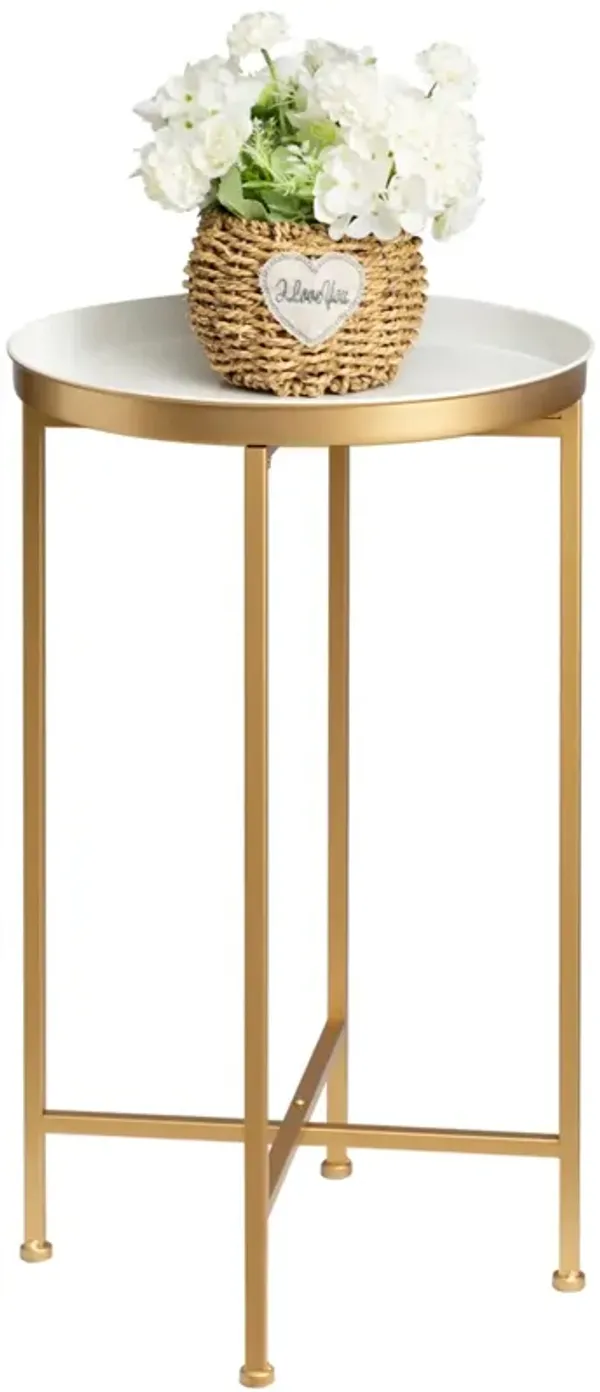 danpinera Gold Side Table, Metal Folding End Table Small Round Accent Table White Gold Table Gold Nightstand Circle End Table fo