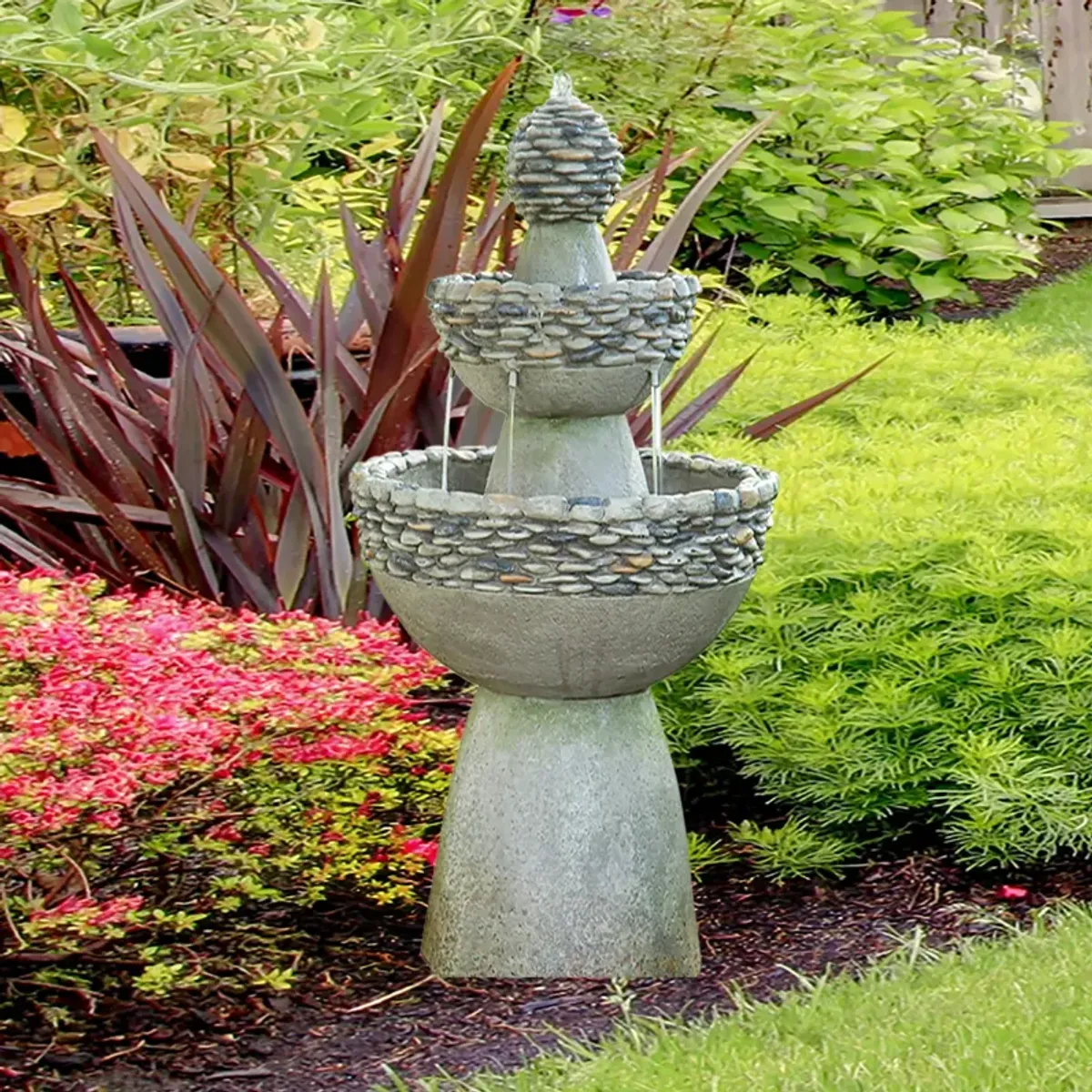 Teamson Home Outdoor Stone-Look 3-Tier Pedestal Floor Fountain, Gray