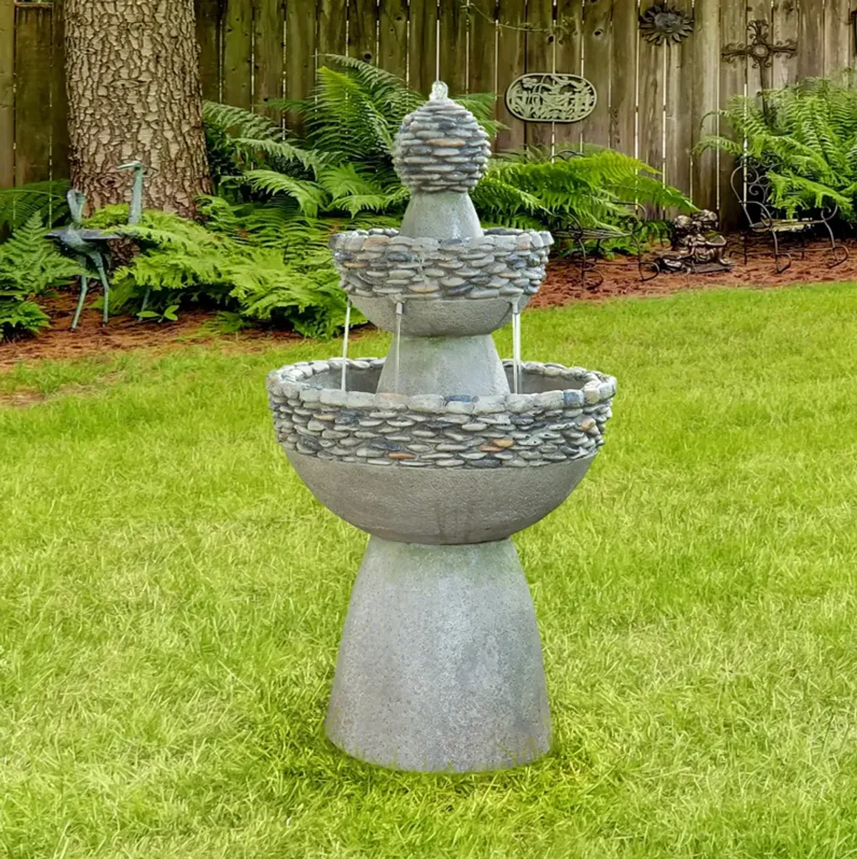 Teamson Home Outdoor Stone-Look 3-Tier Pedestal Floor Fountain, Gray