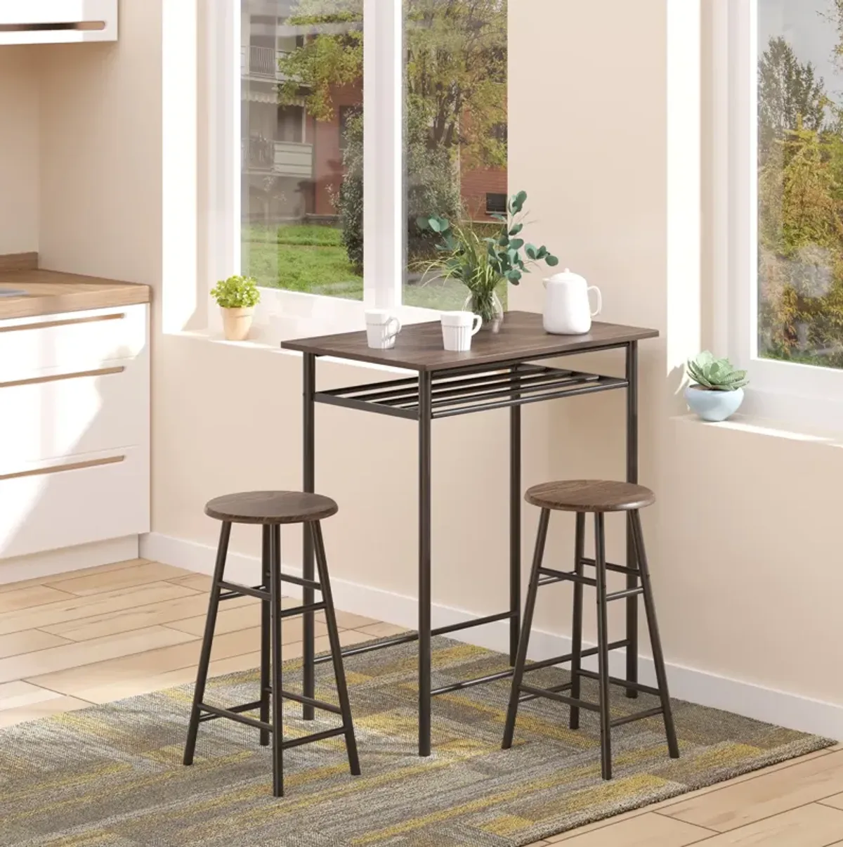 Brown/Black Bistro Set: 3-Piece Counter Height Table and Stools