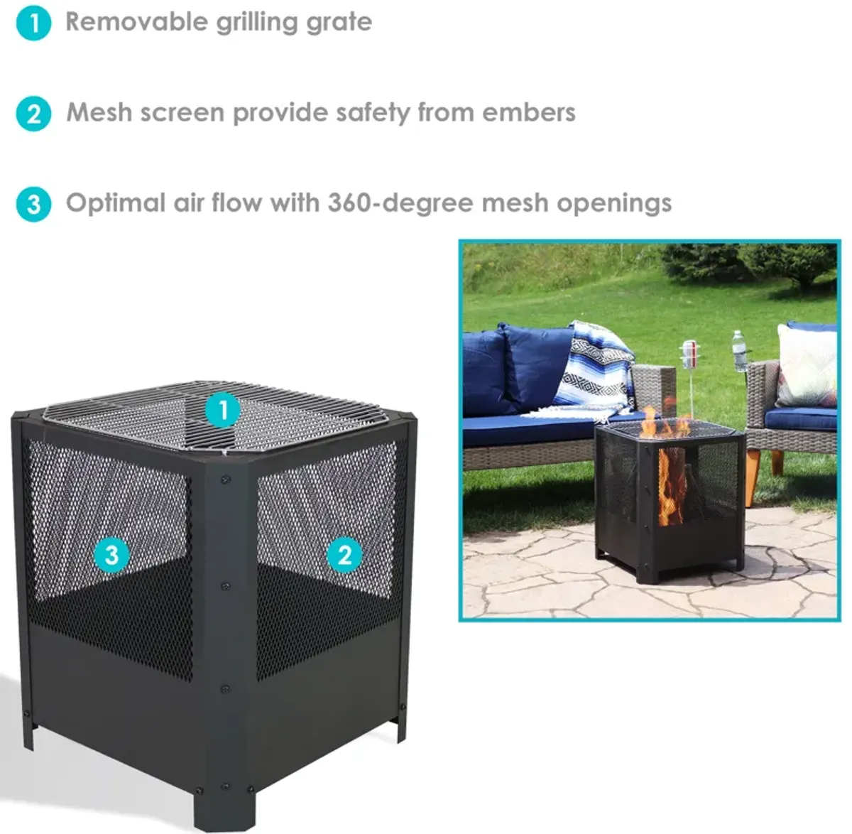 Sunnydaze 16 in Grelha Square Steel Fire Pit with Grilling Grate - Black