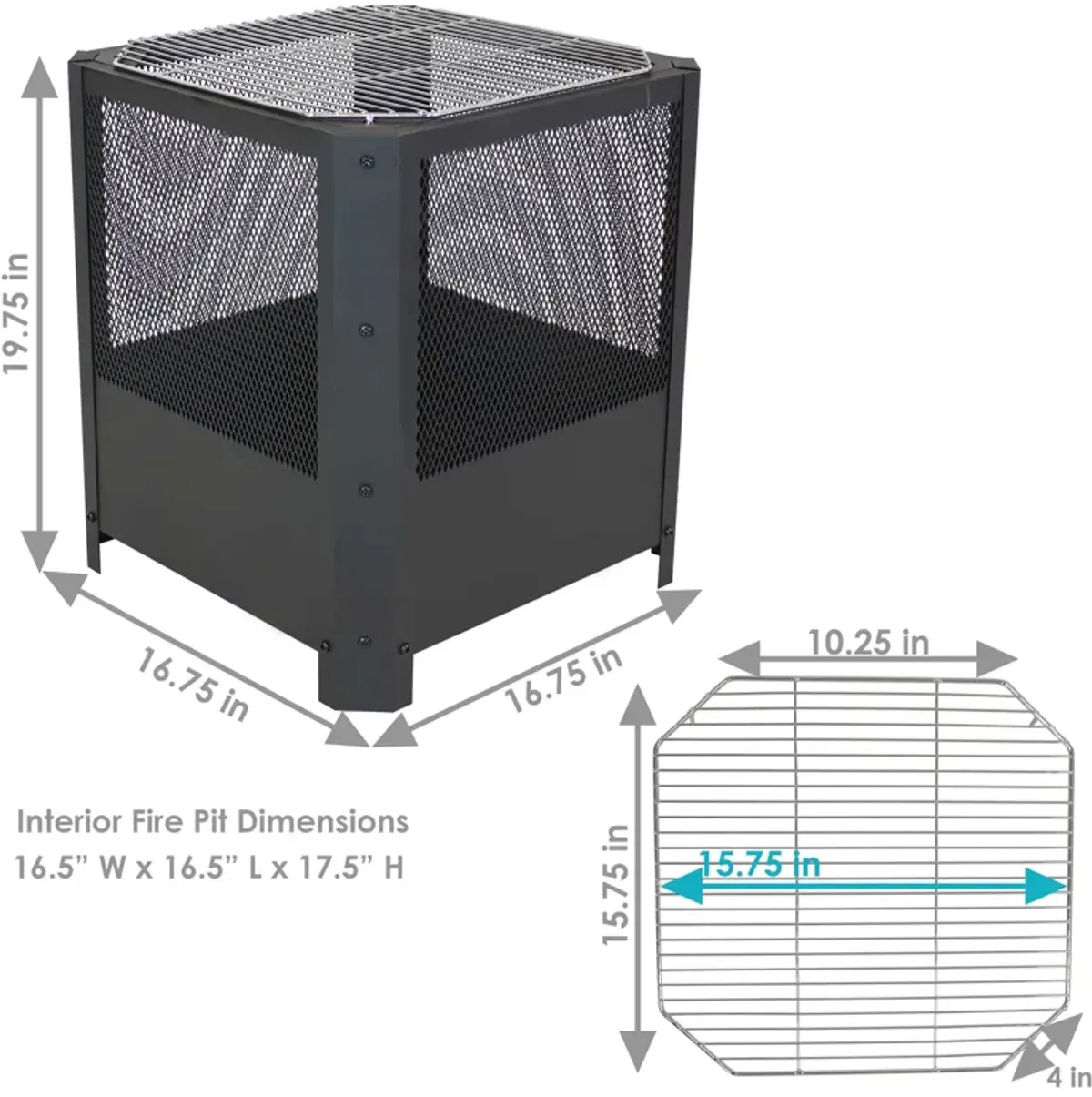 Sunnydaze 16 in Grelha Square Steel Fire Pit with Grilling Grate - Black