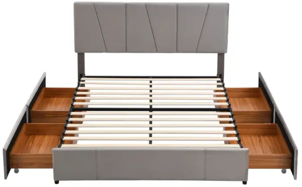 Queen Size Upholstered Platform Bed with Four Drawers on Two Sides, Adjustable Headboard