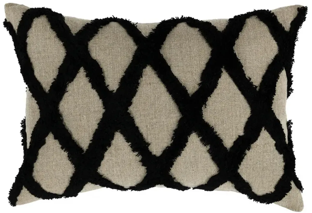Lo 14 x 20 Lumbar Linen Accent Throw Pillow, Tufted Diamond Pattern, Black-Benzara