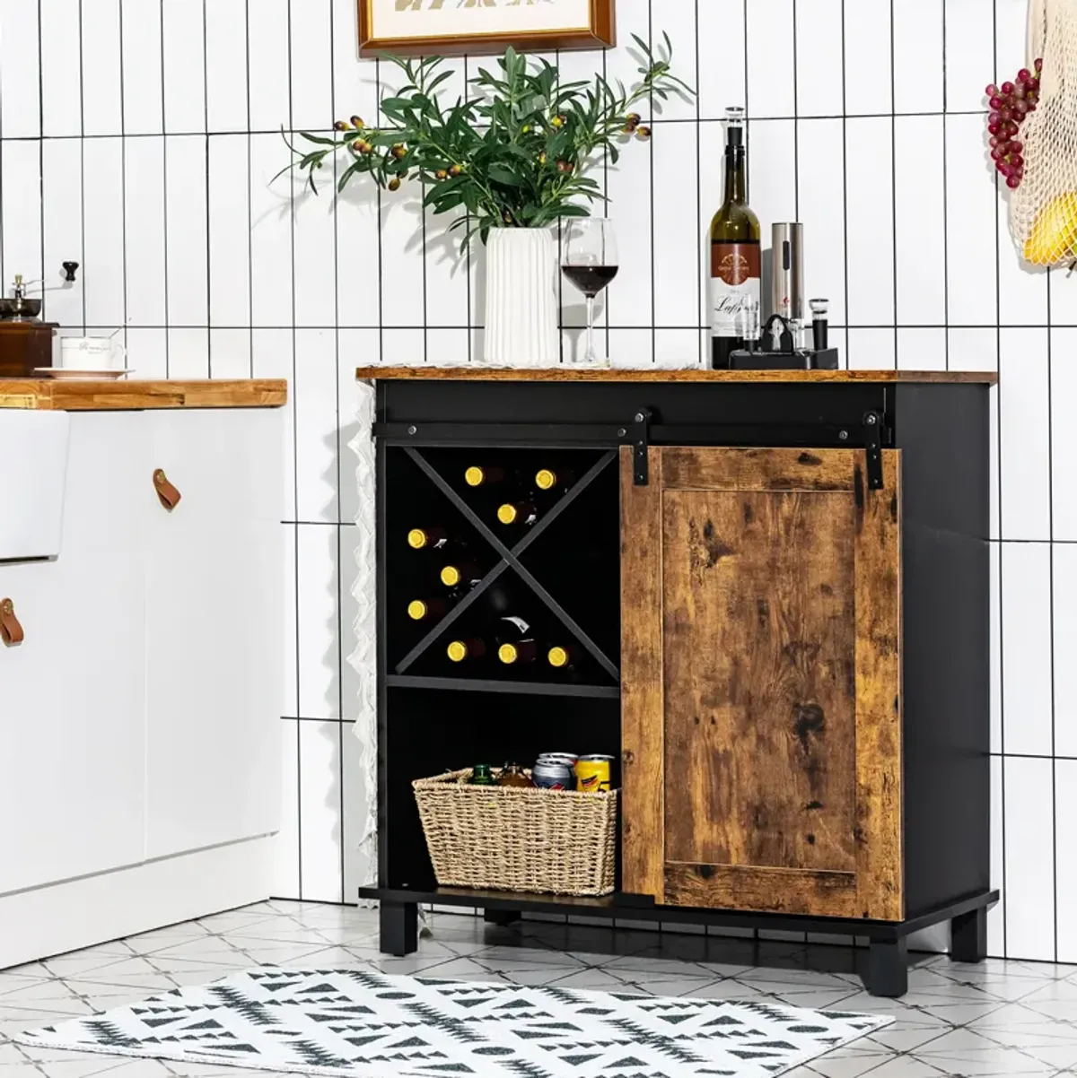 Industrial Storage Cabinet with Sliding Barn Door-Rustic Brown