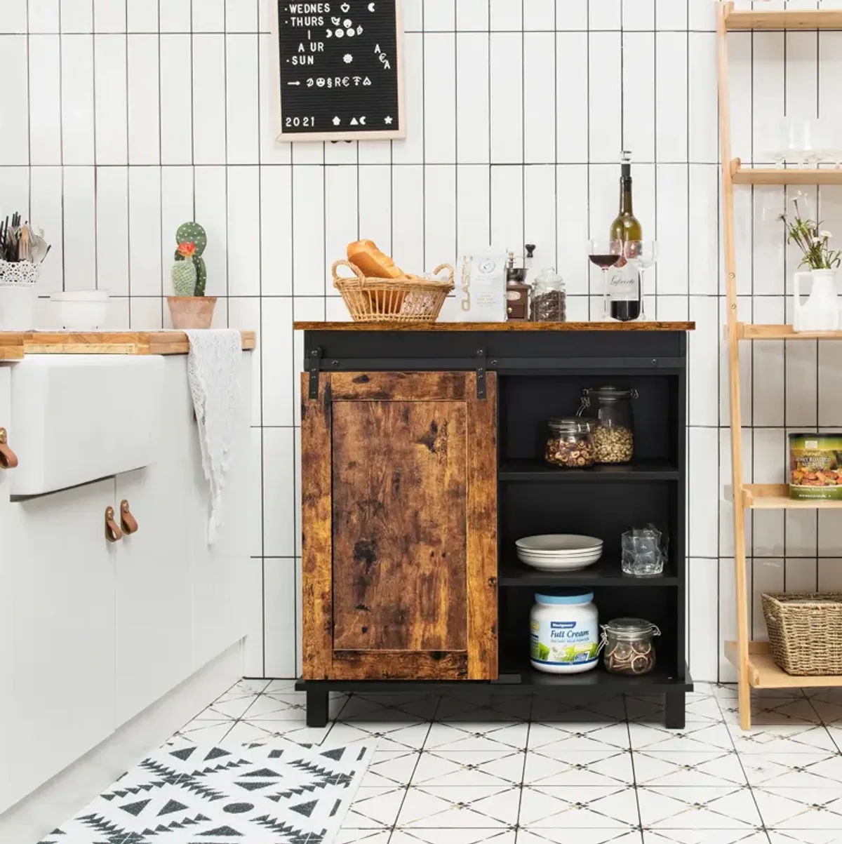 Industrial Storage Cabinet with Sliding Barn Door-Rustic Brown