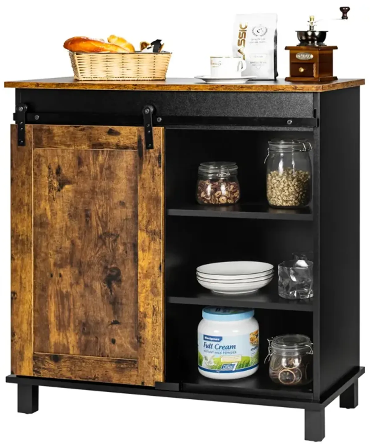 Industrial Storage Cabinet with Sliding Barn Door-Rustic Brown