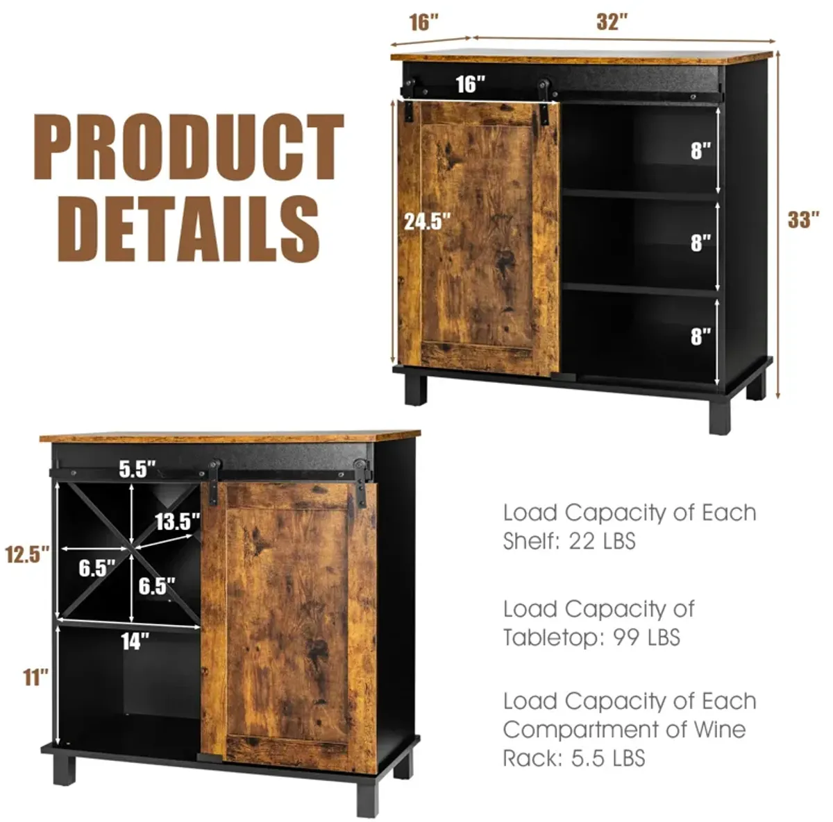 Industrial Storage Cabinet with Sliding Barn Door-Rustic Brown