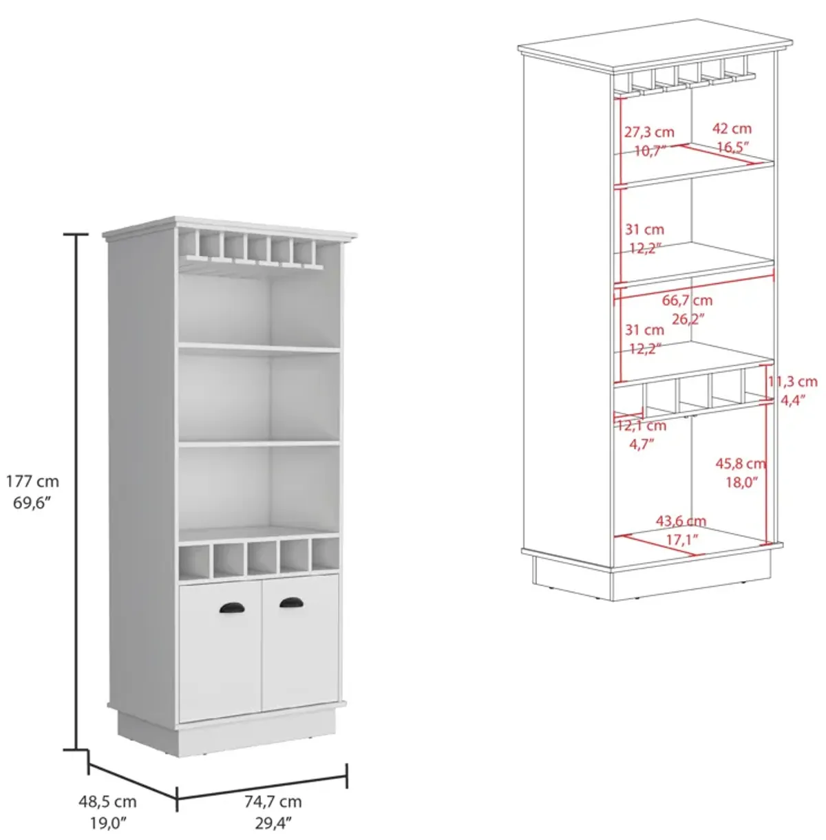 Dundee 70-Inch High 10-Glass Bar Cabinet with 5 Cubbies and 3 Open Shelves and Cabinet