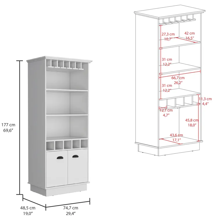 Dundee 70-Inch High 10-Glass Bar Cabinet with 5 Cubbies and 3 Open Shelves and Cabinet