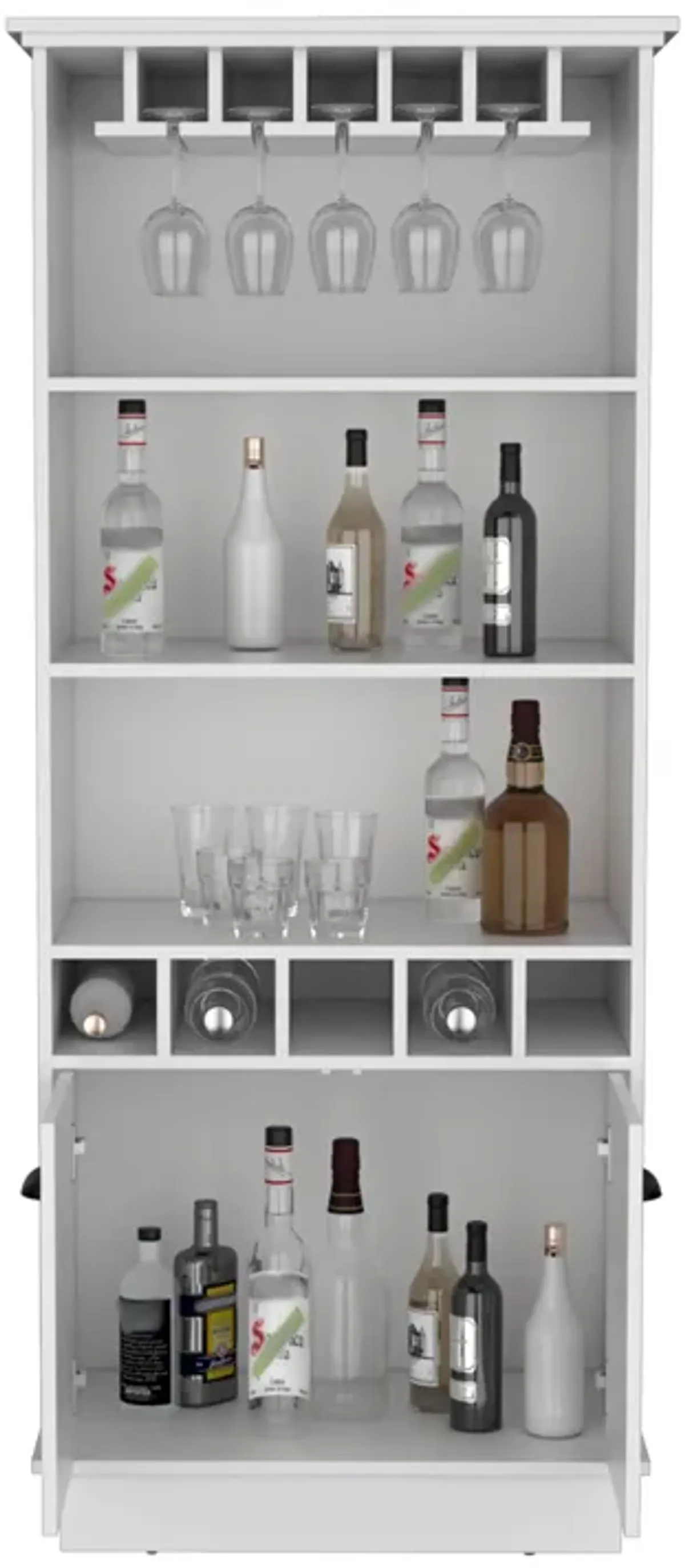 Dundee 70-Inch High 10-Glass Bar Cabinet with 5 Cubbies and 3 Open Shelves and Cabinet