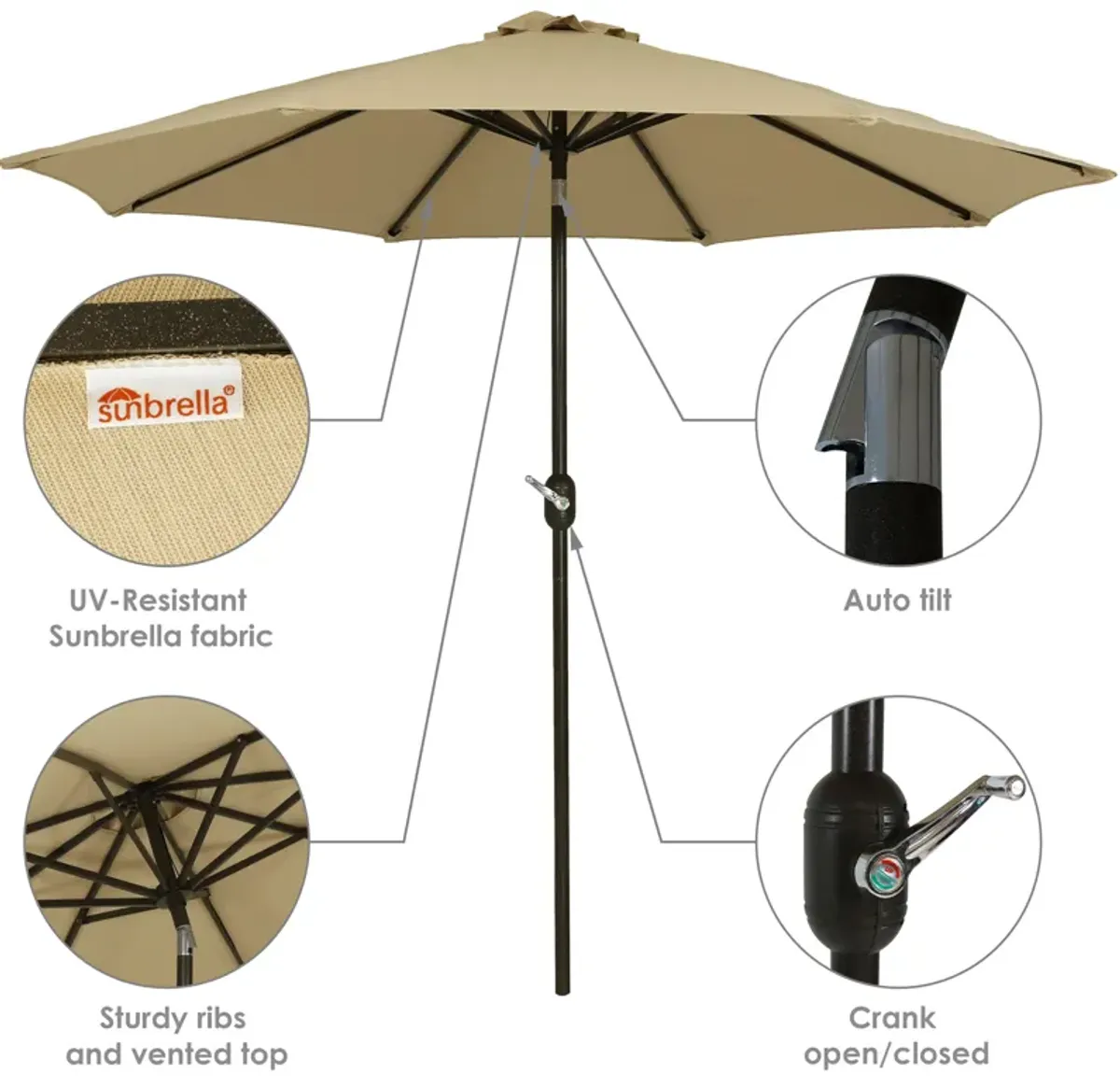 Sunnydaze 9 ft Sunbrella Patio Umbrella with Tilt and Crank