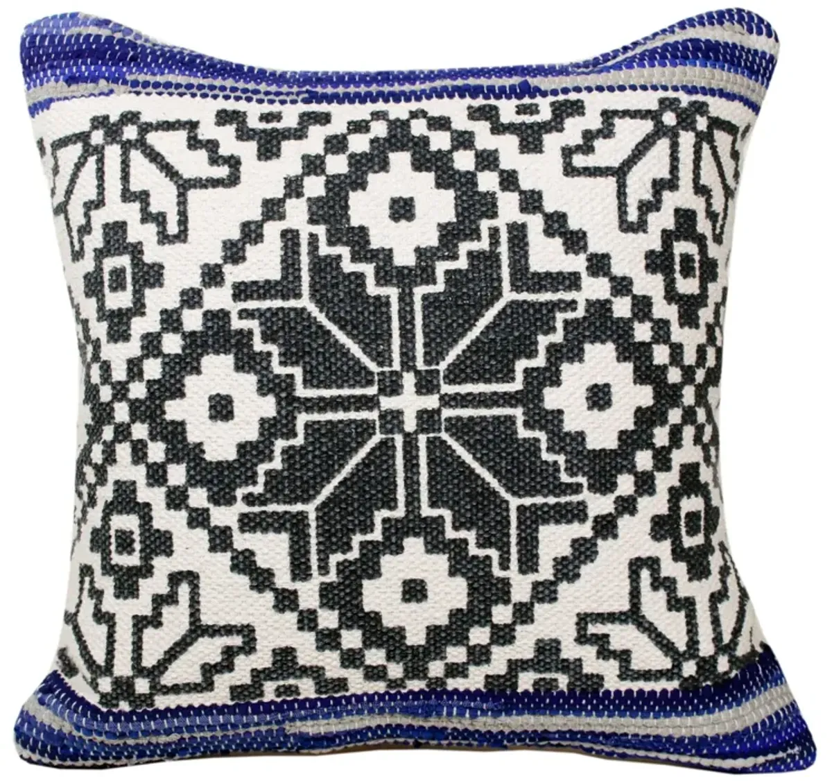 20" Navy Blue and White Bordered Floral Mosaic Square Throw Pillow