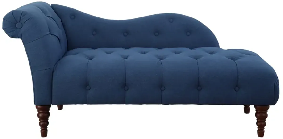 Selena 66 Inch Chaise Lounger, Tufted Blue Polyester, Brown Solid Wood - Benzara