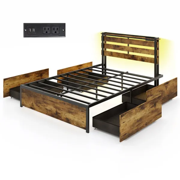 Stylish Bed Frame with Drawers, LED Lights, and USB Ports Space-Saving Bedroom Furniture
