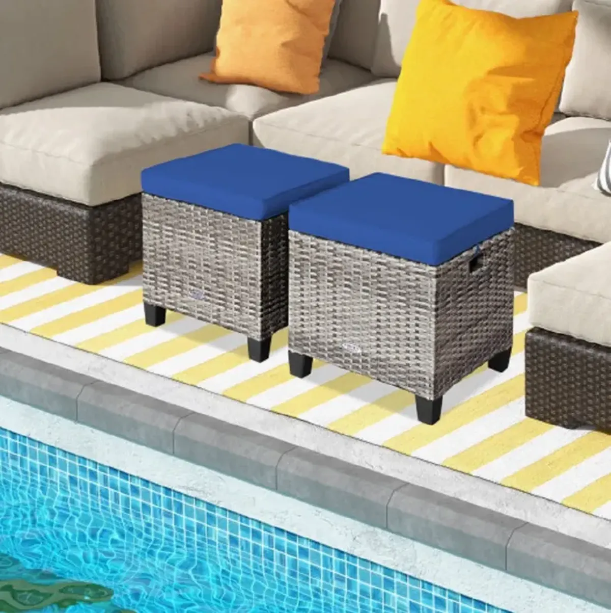 2PCS Patio Rattan Wicker Ottoman Seat with Removable Cushions