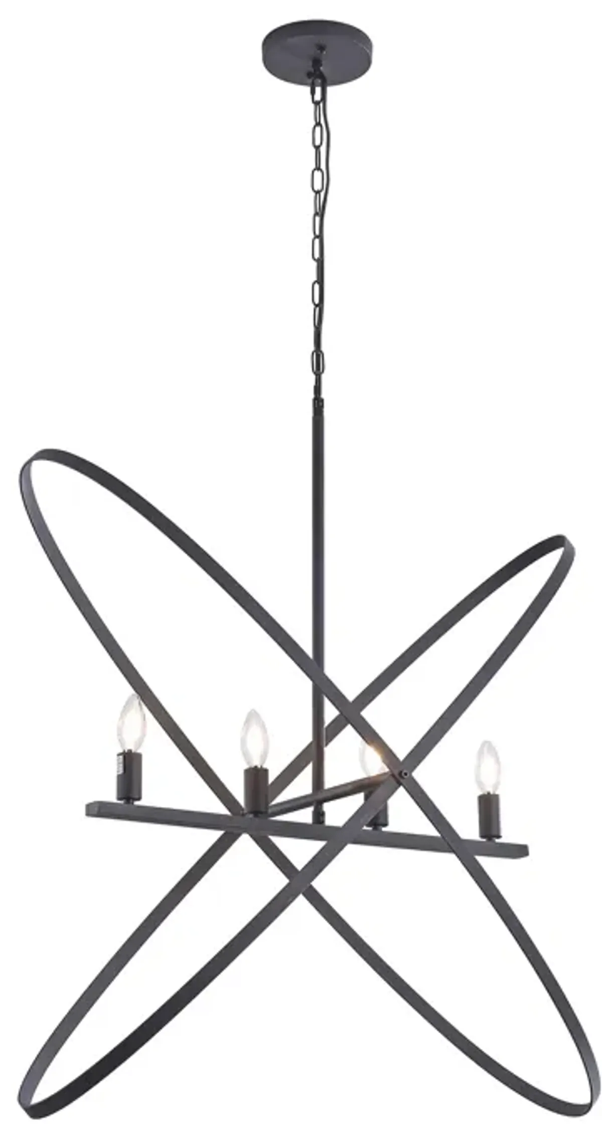 Modern Chandelier, 4 LED Light, Black Cross Band, Brass Metal 38 Inch - Benzara