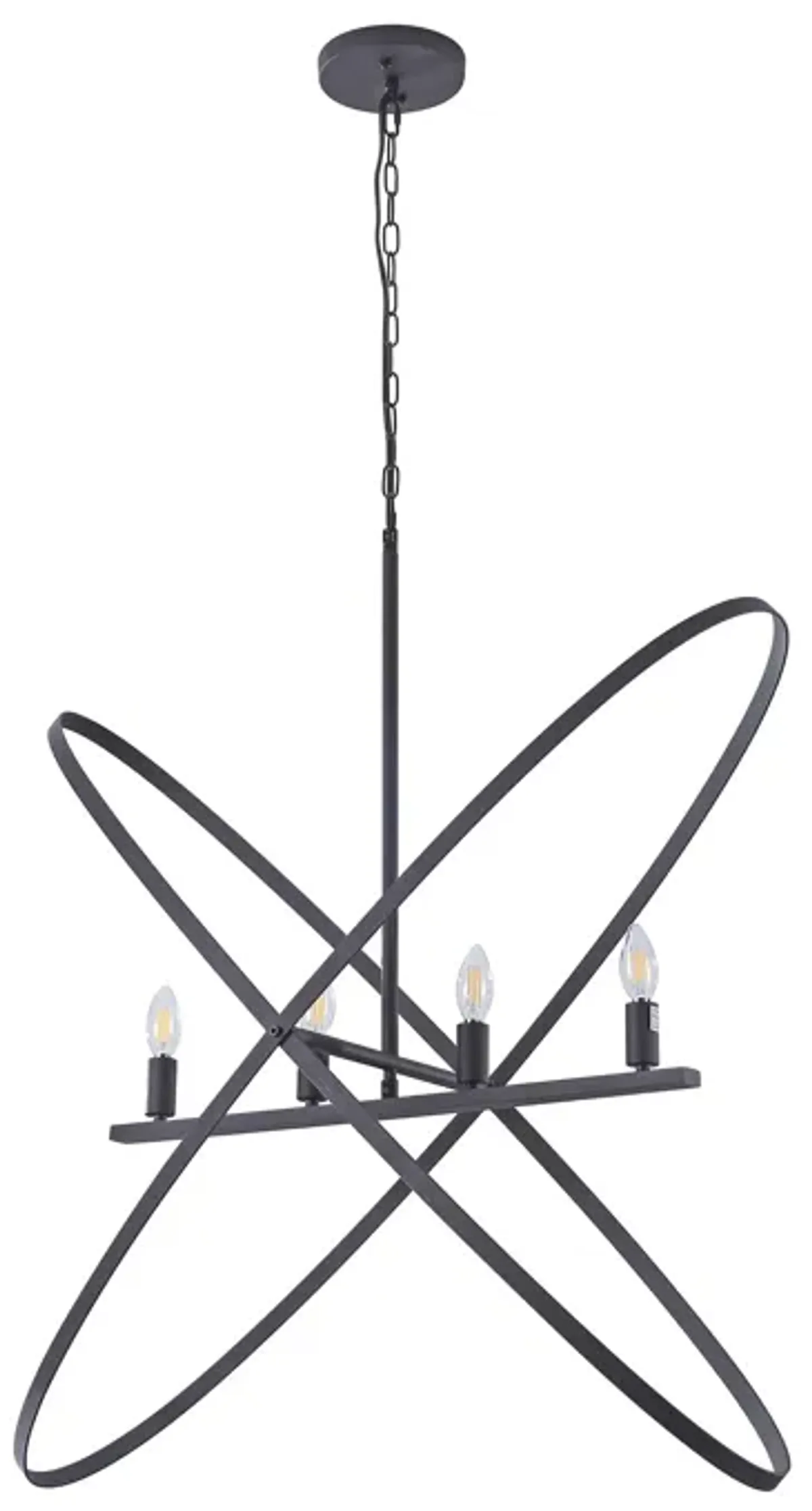 Modern Chandelier, 4 LED Light, Black Cross Band, Brass Metal 38 Inch - Benzara