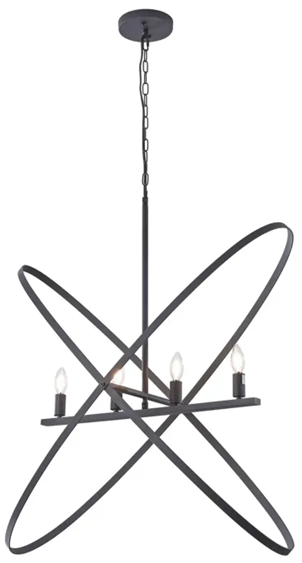 Modern Chandelier, 4 LED Light, Black Cross Band, Brass Metal 38 Inch - Benzara