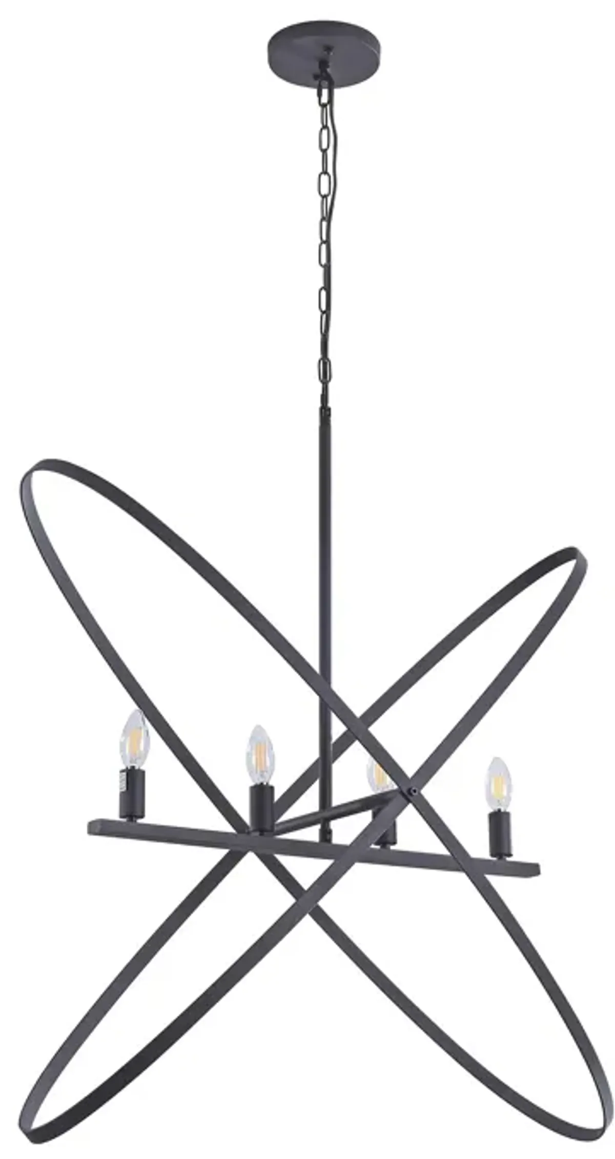 Modern Chandelier, 4 LED Light, Black Cross Band, Brass Metal 38 Inch - Benzara