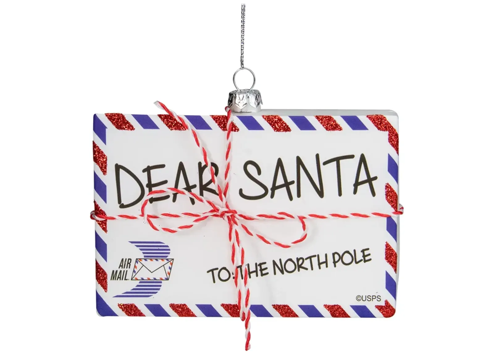 3.5" Envelope  "USPS Dear Santa" With Stripes Glass Christmas Ornament