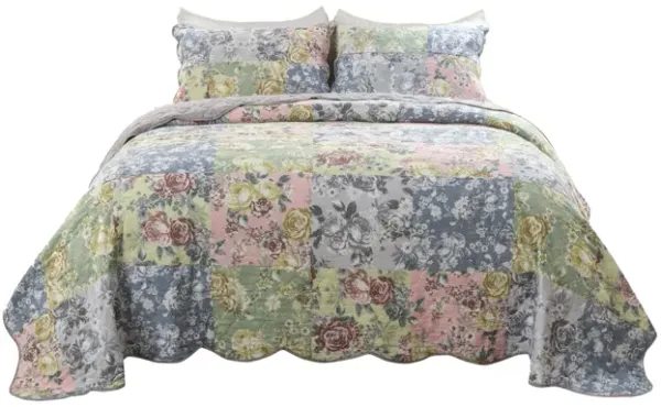 Eni 3 Piece California King Cotton Quilt Set, Pastel Blue Flower Design - Benzara