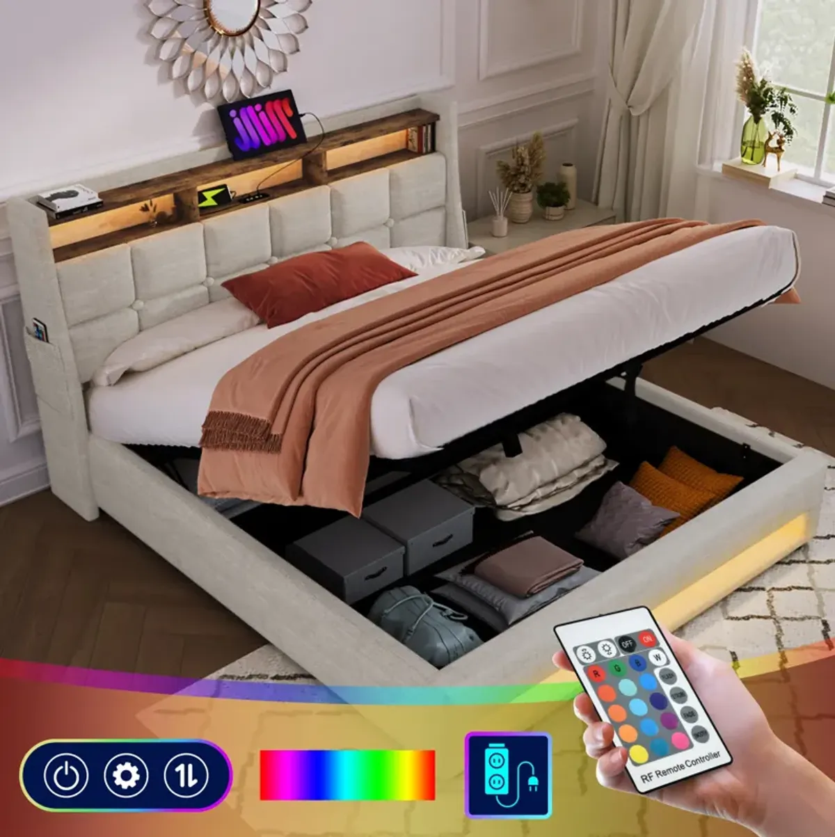 Merax Storage Platform Bed  with LED and USB Port