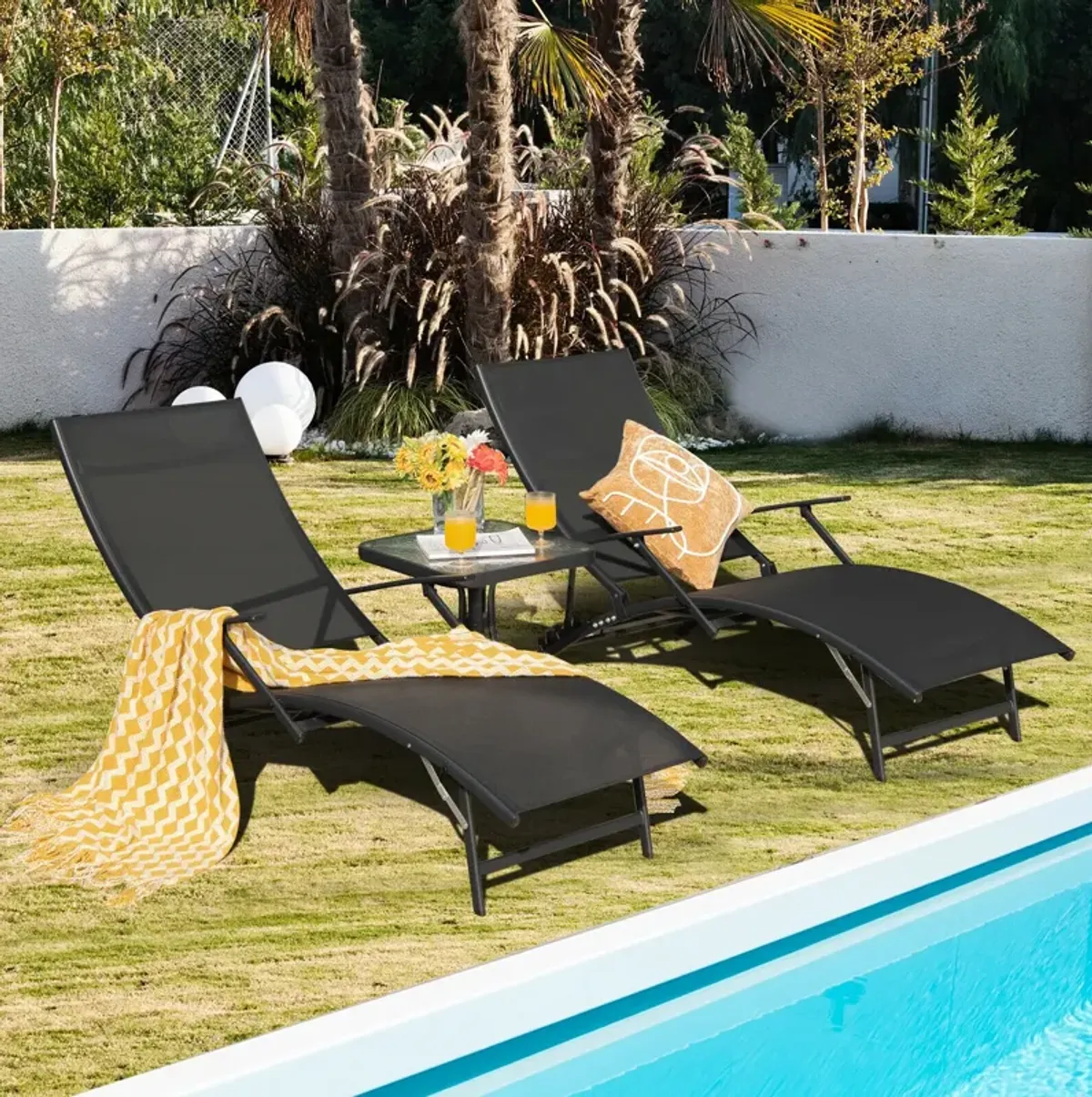 2 Pieces Patio Folding Stackable Lounge Chair Chaise with Armrest-Black