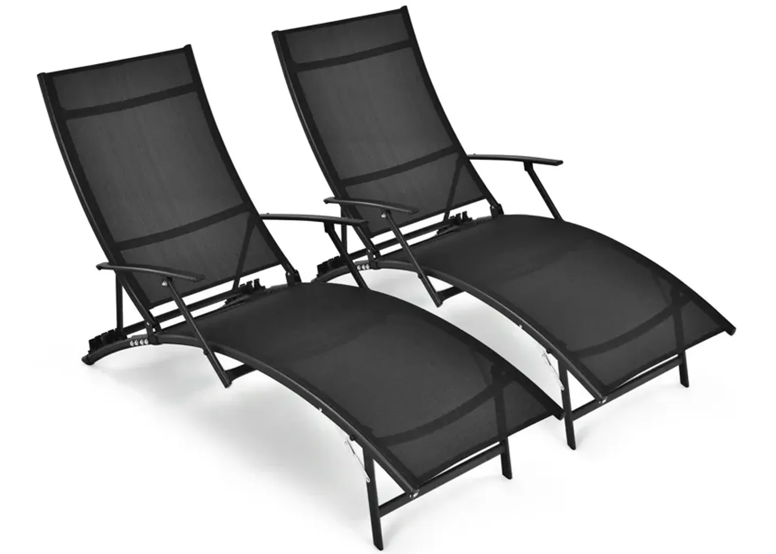 2 Pieces Patio Folding Stackable Lounge Chair Chaise with Armrest-Black