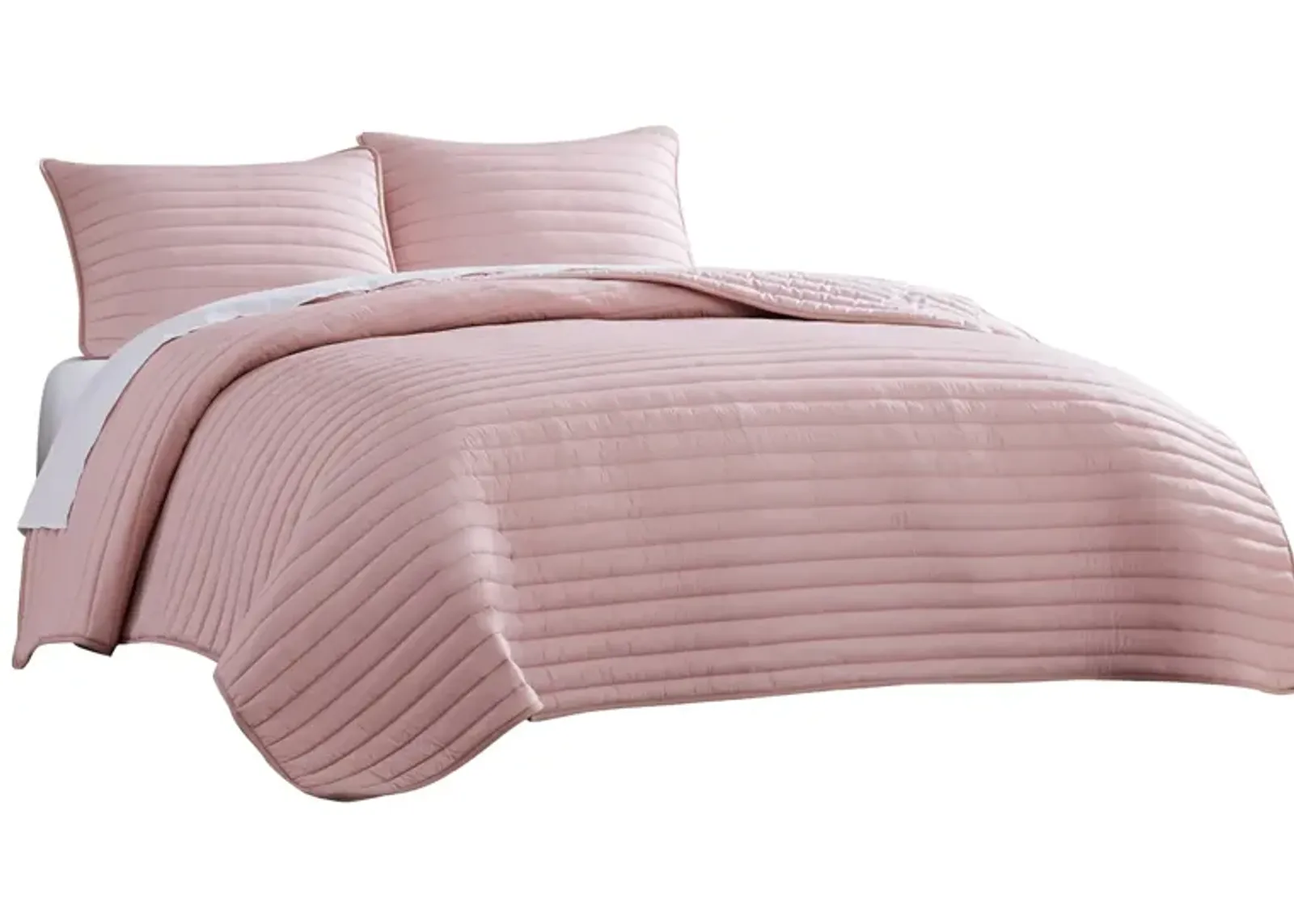 Cabe 3 Piece Queen Comforter Set, Polyester Puffer Channel Quilt, Rose Pink - Benzara